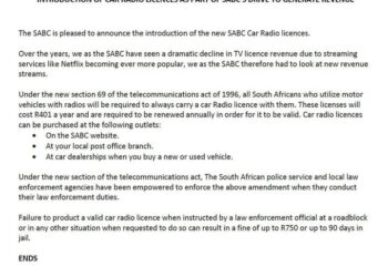 THE CLAIM THAT THE SOUTH AFRICAN BROADCASTING CORPORATION (SABC) IS INTRODUCING A MANDATORY CAR RADIO LICENCE IS FALSE.