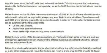 THE CLAIM THAT THE SOUTH AFRICAN BROADCASTING CORPORATION (SABC) IS INTRODUCING A MANDATORY CAR RADIO LICENCE IS FALSE.